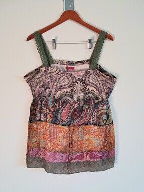 Sugar 17 Boho Silk Paisley Mixed-Print Tank Top with Olive Crochet